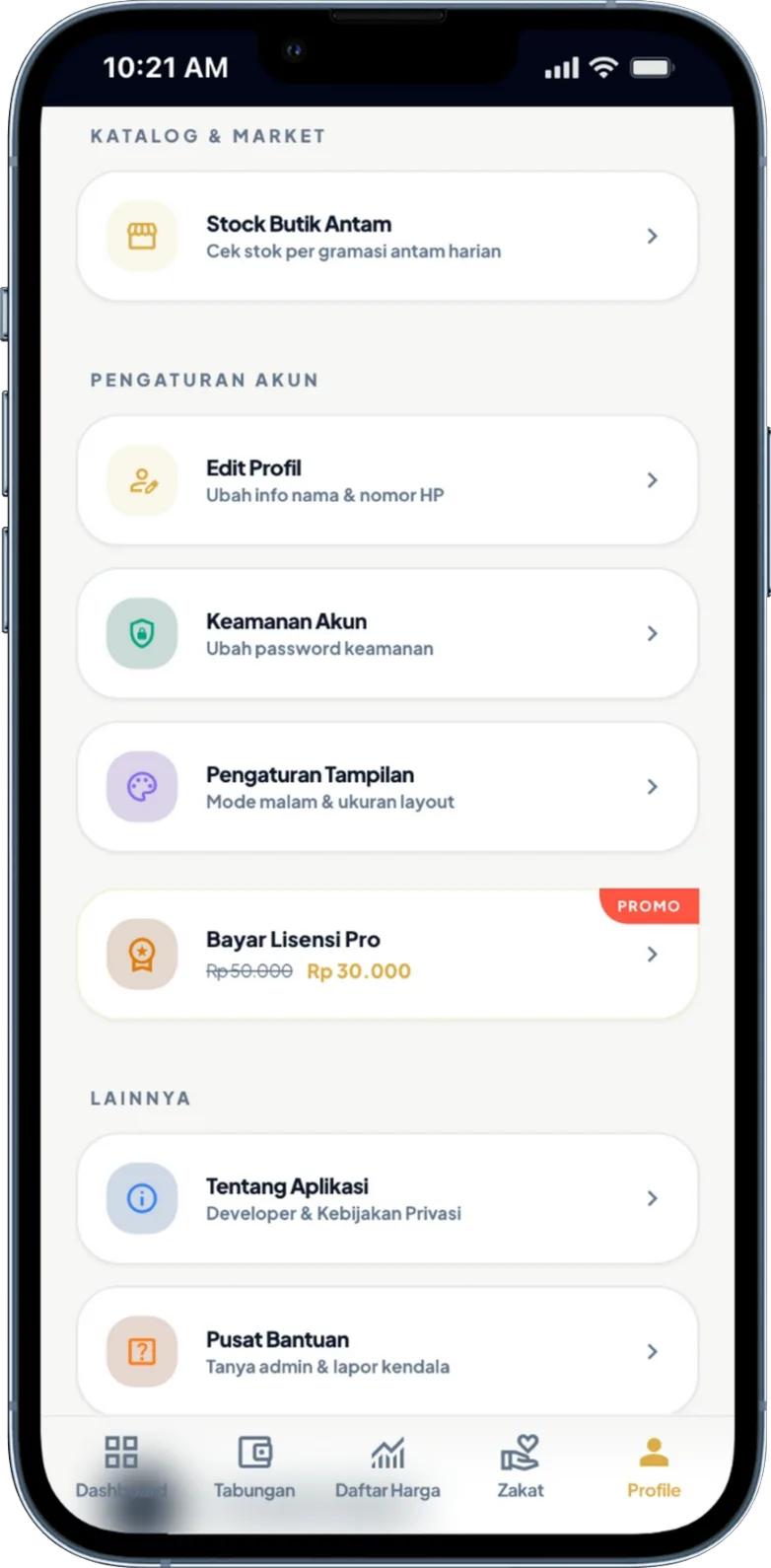Tampilan menu Profile di aplikasi NabungMas