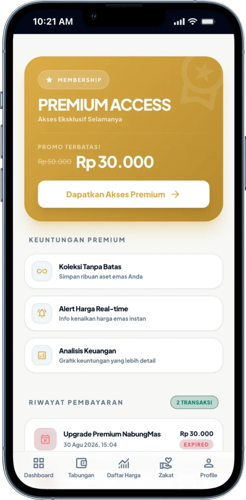 Tombol Dapatkan Akses Premium di aplikasi NabungMas